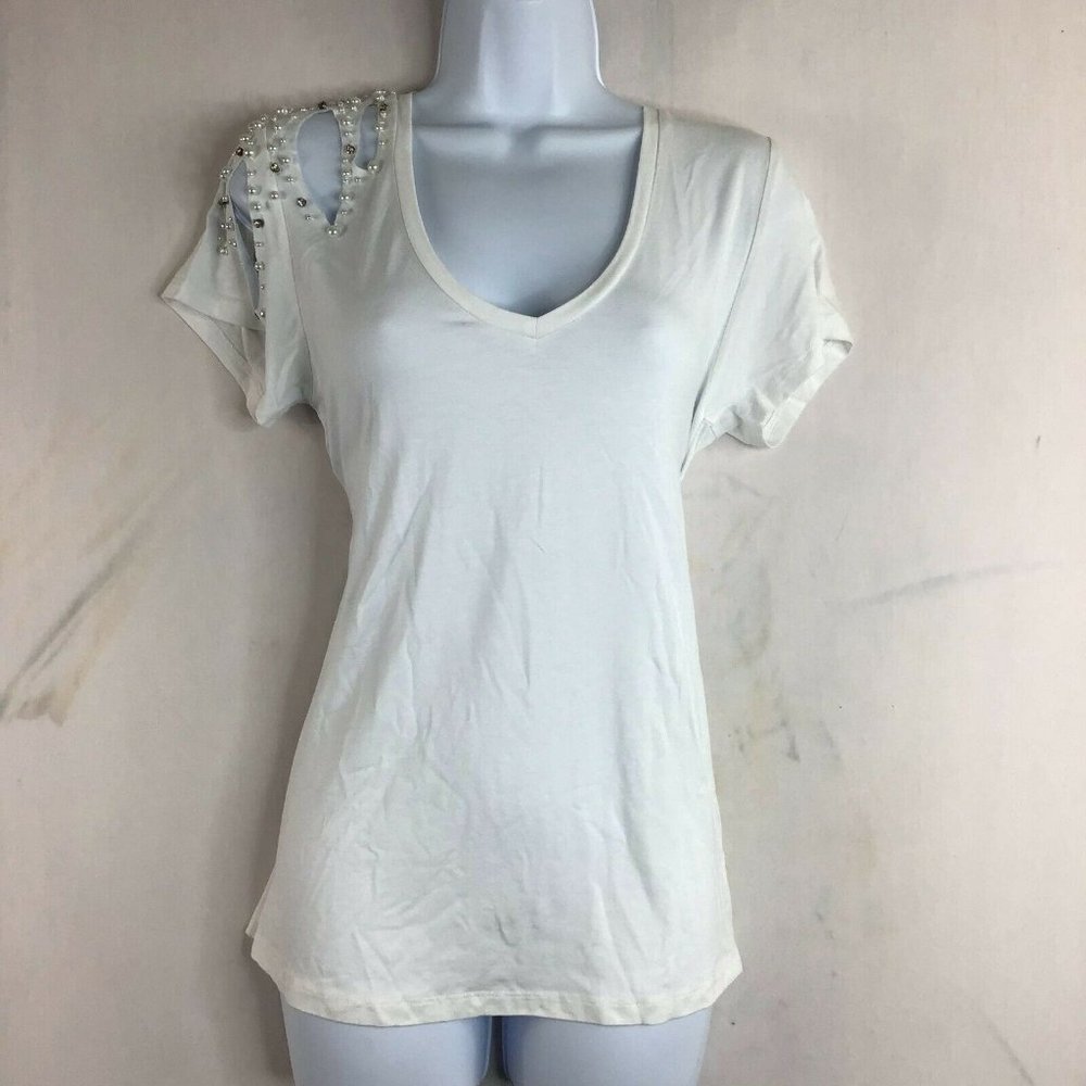 MET Women's White Round Neck Beaded Slit Sleeve Blouse Top Size L